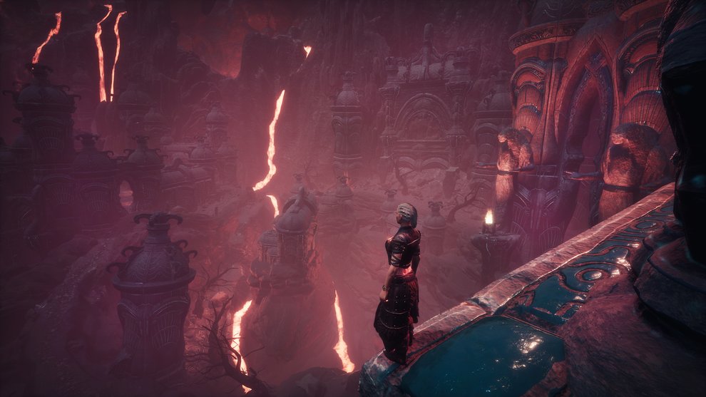 © Funcom / Ganz schön heiß hier, aber der Abstieg in den neuen Dungeon lohnt sich. Im Zentrum steht eine Schmiede, an der du Obsidianwaffen herstellen kannst.