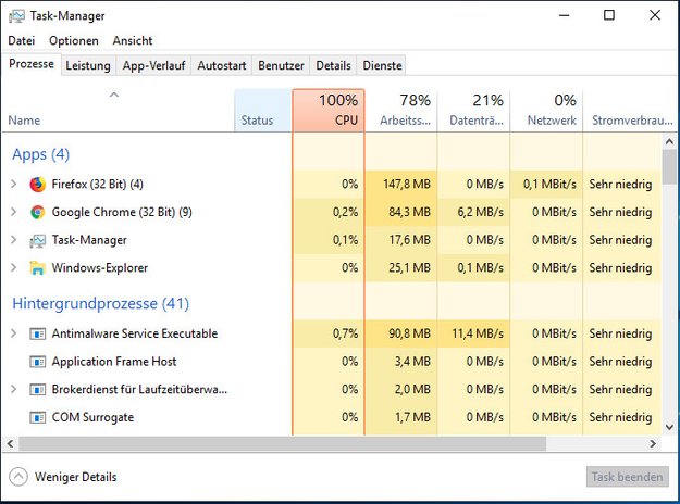 Hier seht ihr die CPU-Auslastung laufender Programme.