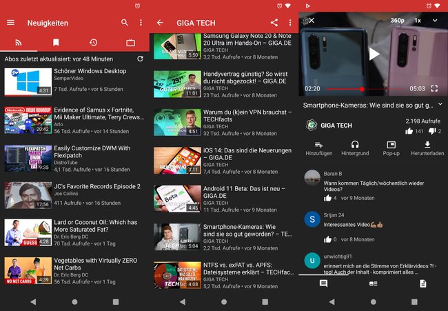 Die Android-App „NewPipe“ spielt YouTube-Videos auch im Hintergrund ab. Auch bei ausgeschaltetem Display. Bild: GIGA