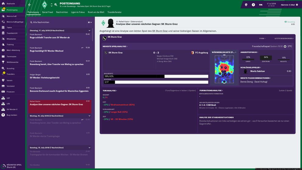 Der Datenanalyst wertet die letzten Spiele des kommenden gegners aus und liefert einen Bericht der auf Stärken und Schwächen hinweist.