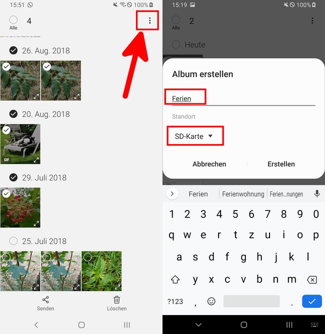 Auf Samsung-Geräten markiert ihr erst die Bilder und erstellt dann ein Album, in das sie auf die SD-Karte verschoben werden. Bild: GIGA