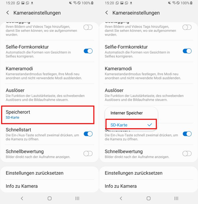 In der Kamera-App stellt ihr als Speicherort eurer Bilder die SD-Karte ein. Bild: GIGA