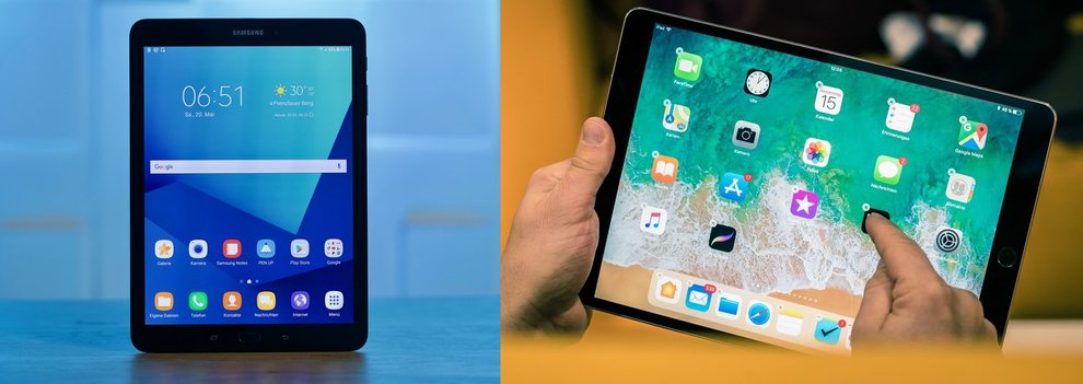 Links ein Samsung-Tablet mit Android-Betriebssystem. Rechts ein iPad mit IOS von Apple.