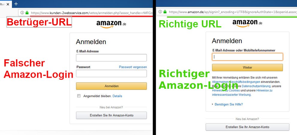 Links seht ihr den nachgebauten Login aus der E-Mail, rechts den richtigen Amazon-Login im Vergleich. Bild: GIGA