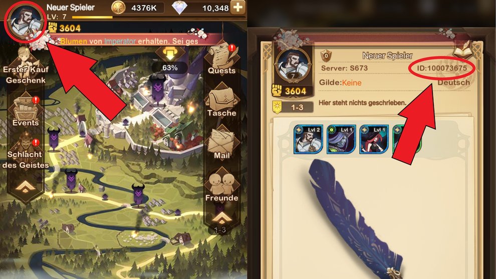Eure Spieler-ID steht im Detail-Bildschirm. Klickt dafür einfach auf euer Charakterporträt links oben (AFK Arena). Eure Spieler-ID steht im Detail-Bildschirm. Klickt dafür einfach auf euer Charakterporträt links oben (AFK Arena).