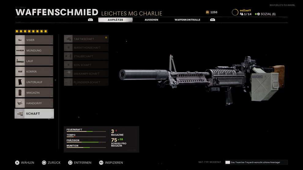 Wenn ihr durch die Wildcard „Revolverheld“ alle 8 Aufsätze zur Verfügung habt, könnt ihr diese Attachments verwenden. Beispiel für ein Revolverhelden-Setup des M60s.