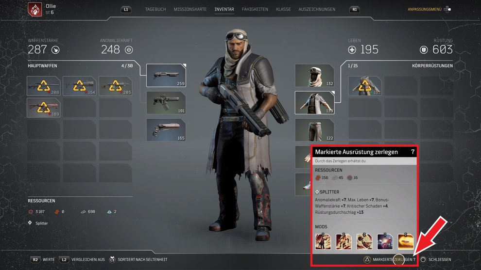 In der Übersicht erkennt ihr alle Ressourcen die ihr durch das Zerlegen der markierten Items erhaltet. In der Übersicht erkennt ihr alle Ressourcen die ihr durch das Zerlegen der markierten Items erhaltet.