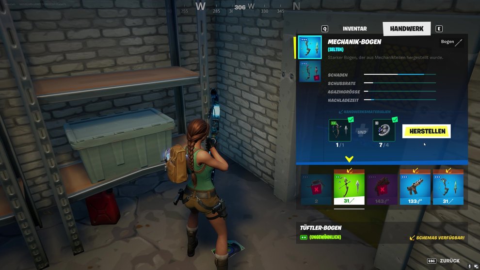 Um in Fortnite einen Mechanik-Bogen herzustellen, müsst ihr einen Tüftler-Bogen mit 4 Mechanikteilen kombinieren Fortnite Mechanik-Bogen herstellen