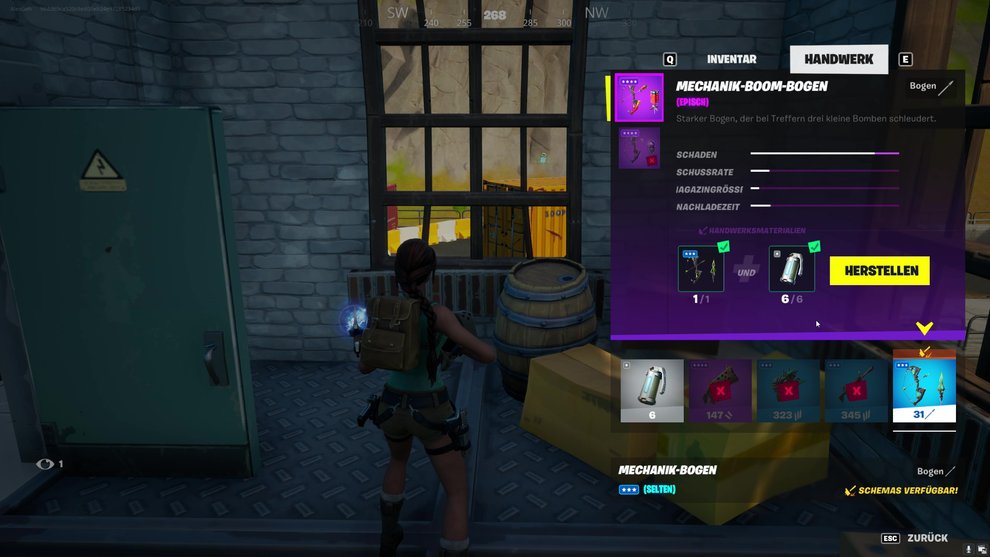 Um in Fortnite einen Mechanik-Boom-Bogen herzustellen, müsst ihr einen Mechanik-Bogen mit 6 Granaten kombinieren Fortnite Mechanik-Boom-Bogen herstellen
