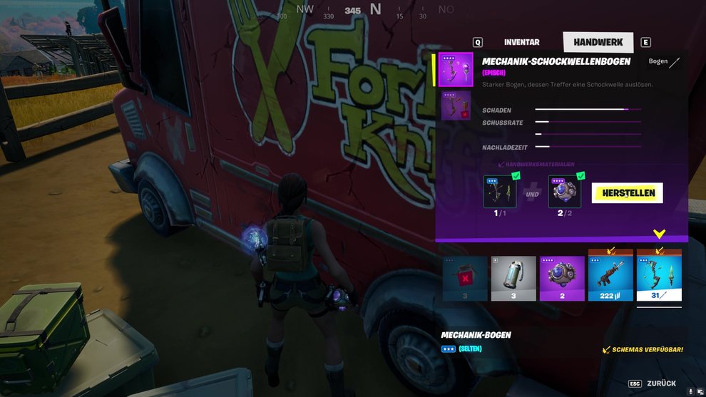 Um in Fortnite einen Mechanik-Schockwellenbogen herzustellen, müsst ihr einen Mechanik-Bogen mit 2 Schockwellengranaten kombinieren Fortnite Mechanik-Schockwellenbogen herstellen