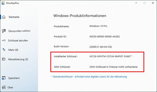 Dieses Windows wurde mit einer digitalen Lizenz aktiviert und zeigt nur einen generischen Standard-Key, mit dem man Windows nicht aktivieren kann. Bild: GIGA