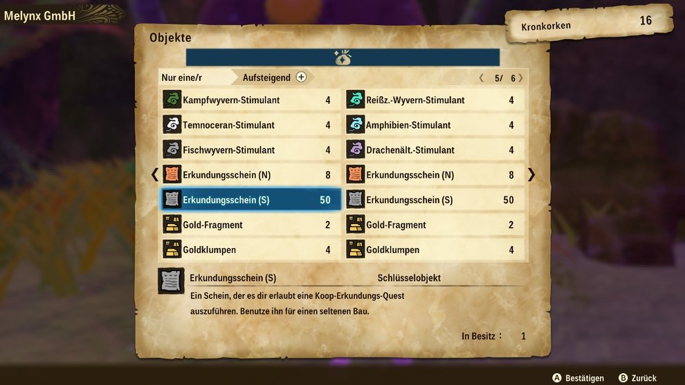 Bei der Melynx GmbH könnt ihr Erkundungsscheine (N) für 8 Kronkorken kaufen, um eine Erkundungsquest zu starten. Monster Hunter Stories 2 Erkundungsschein Melynx Kronkorken