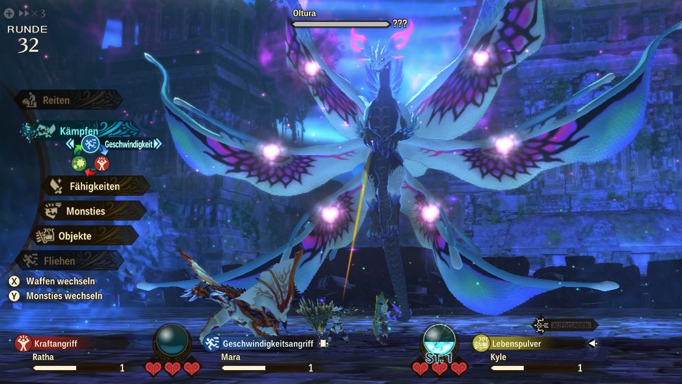 Beginnt Phase 2 gegen Oltura entweder mit einer Bindungsfähigkeit oder heilt euer Team mit Lebenspulver. Monster Hunter Stories 2 Oltura heilen