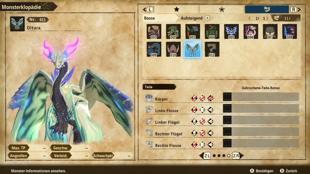 Olturas Flügel sind mit Stoßangriffen besonders gut zu brechen. Bringt also einen Bogen oder eine Gewehrlanze mit in den Kampf. Monster Hunter Stories 2 Oltura Schwachpunkte