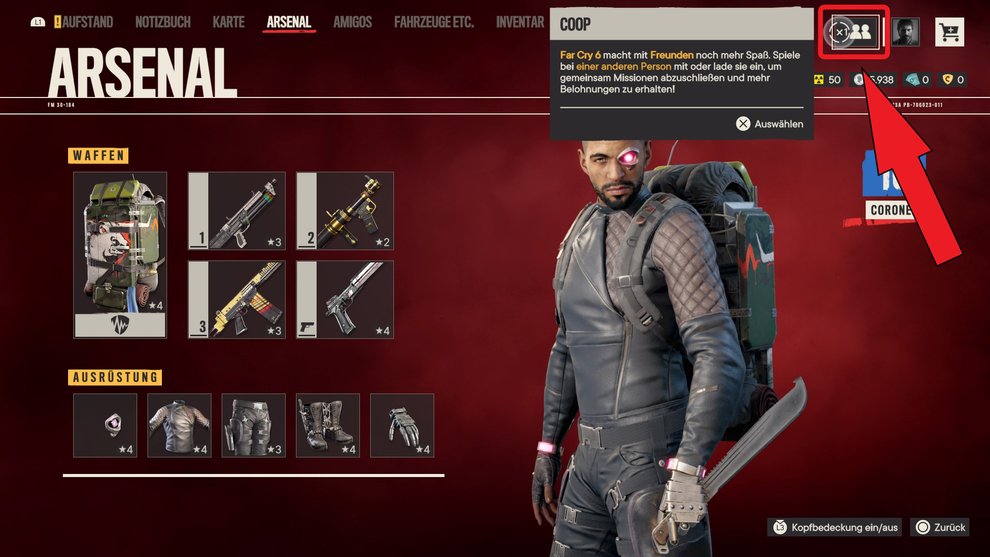 Auf das Coop-Menü könnt ihr nach der Freischaltung über das Icon rechts oben im Spielermenü zugreifen (Far Cry 6). Auf das Coop-Menü könnt ihr nach der Freischaltung über das Icon rechts oben im Spielermenü zugreifen (Far Cry 6).