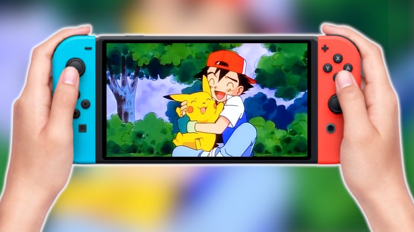 Zu sehen sind zwei Hände, die eine Nintendo Switch halten. Auf dem Display ist eine Szene aus der ersten Pokémon-Staffel zu sehen.