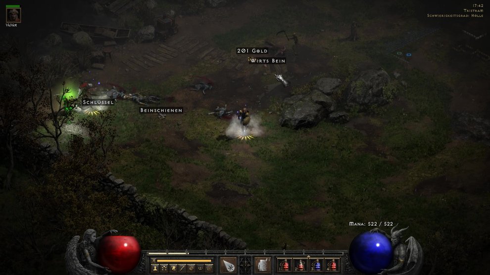 In Tristram findet ihr Wirts Bein. Kombiniert dieses im Horadrimwürfel mit einem Foliant des Stadtportals, um das geheime Kuhlevel in Diablo 2: Resurrected zu öffnen. Diablo 2 Resurrected Kuhlevel Wirt