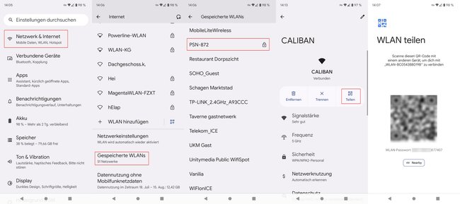 Anzeige der nötigen Schritte im Android-Menü, um WLAN-Passworte anzeigen zu lassen - wie nachfolgend beschrieben