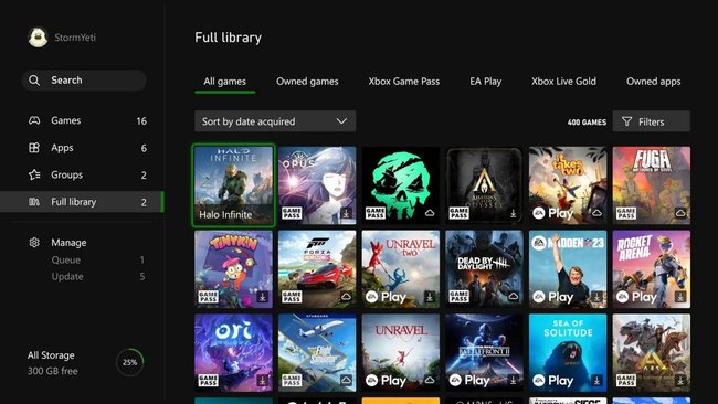Das Bild zeigt die neue Spiele-Bibliothek für Xbox-Konsolen