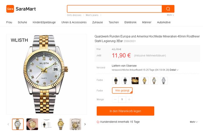 Screenshot aus dem SaraMart-Shop: Eine Armbanduhr, die für unter 12 Euro auf den ersten Blick einer R$olex sehr ähnlich sieht.