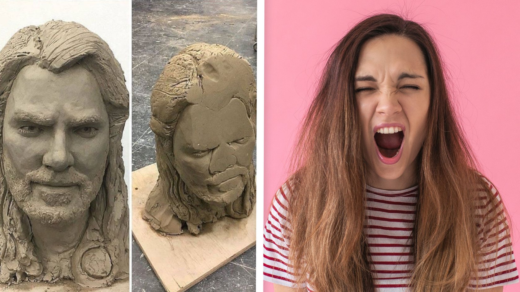 Das Bild zeigt eine aus Frust schreiende Frau und eine Statue mit eingedrückter Nase Das Bild zeigt eine aus Frust schreiende Frau und eine Statue mit eingedrückter Nase