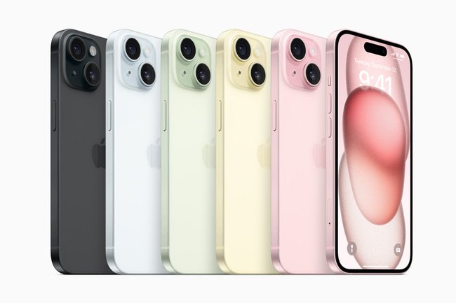 Foto der 5 Farbvarianten beim iphone 15 und iPhone 15 Plus: Pink, Gelb, Grün, Blau und Schwarz
