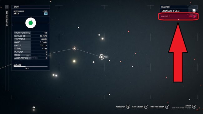 Im Kryx-System herrscht die Crimson Fleet und rechts oben erkennen wir, dass wir ein Kopfgeld dort haben (Quelle: Screenshot GIGA).