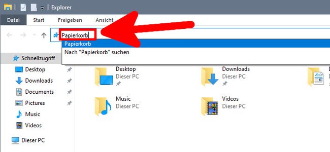 Gebt in der Adresszeile des Windows-Explorers einfach "Papierkorb" ein und drückt die Enter-Taste. (Bildquelle: GIGA)