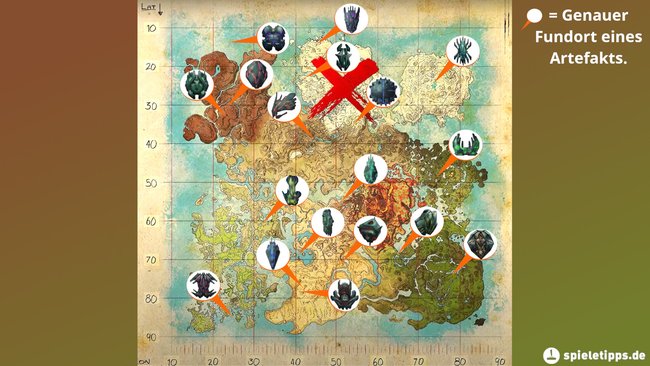 Fundorte aller Artefakte auf der Karte von Crystal Isles (Bildquelle: Screenshot spieletipps.de).