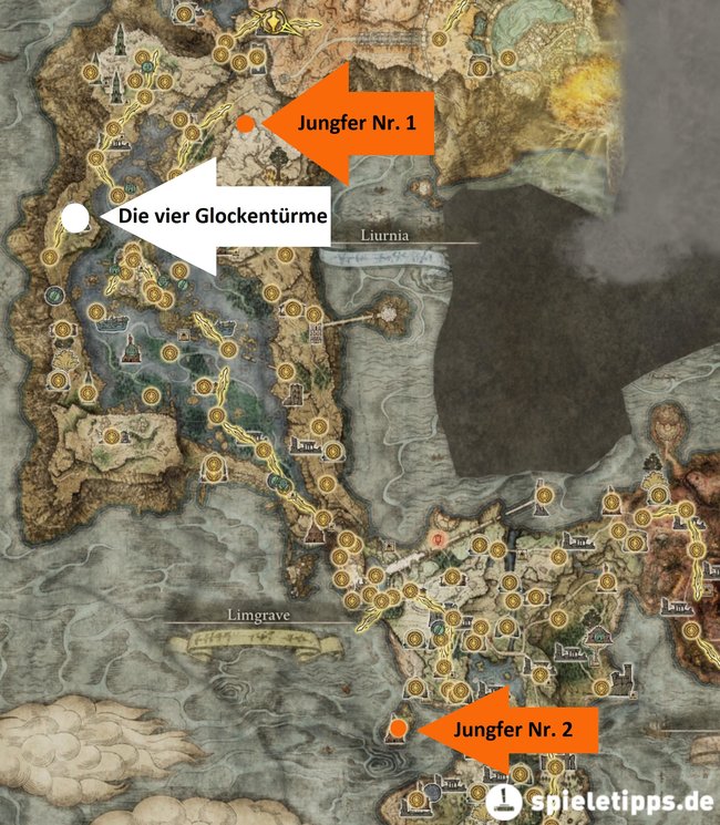 Auf dieser Karte sind Fundorte der Jungfern eingezeichnet, von denen Varré in seiner Quest spricht. Der weiße Fundort zeigt euch den Zugang zur Jungfer Nr. 2. (Bildquelle: Screenshot spieletipps)