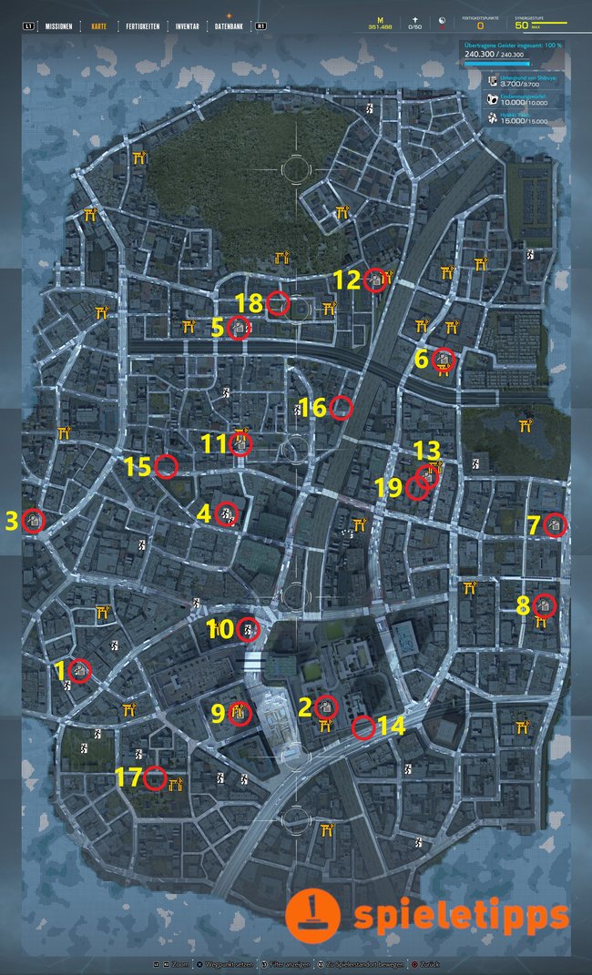 Karte mit allen 20 Aufzeichnungen von KK in Ghostwire: Tokyo (Quelle: Screenshot spieletipps).