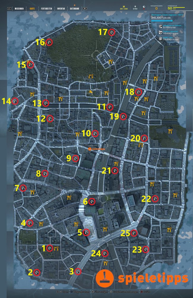 Karte mit allen 25 Tanuki-Fundorten in Ghostwire: Tokyo (Quelle: Screenshot spieletipps).