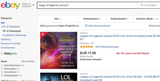 Auch eBay bietet LoL-Accounts an.