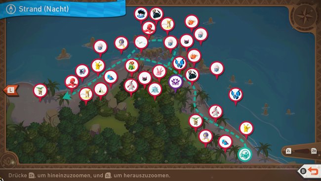 Karte mit Pokémon-Fundorten auf der Strecke „Strand (Nacht)“.