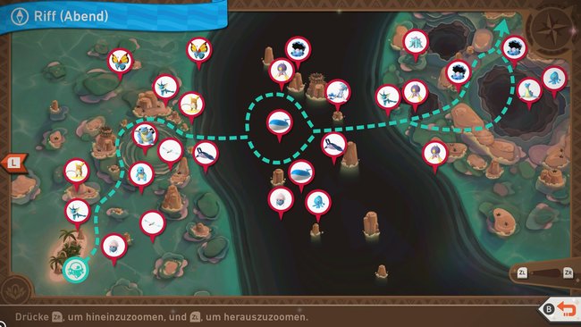 Karte mit Pokémon-Fundorten auf der Strecke „Park (Abend)“.
