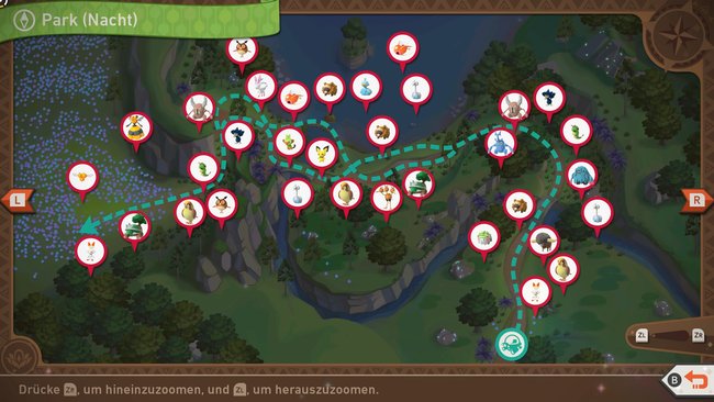 Karte mit Pokémon-Fundorten auf der Strecke „Park (Nacht)“.