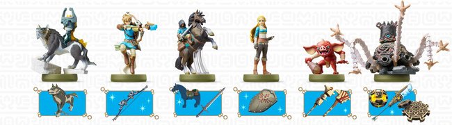 Das Bild zeigt euch eine Auswahl der „Zelda: BotW“-Amiibo und ihre Belohnungen.