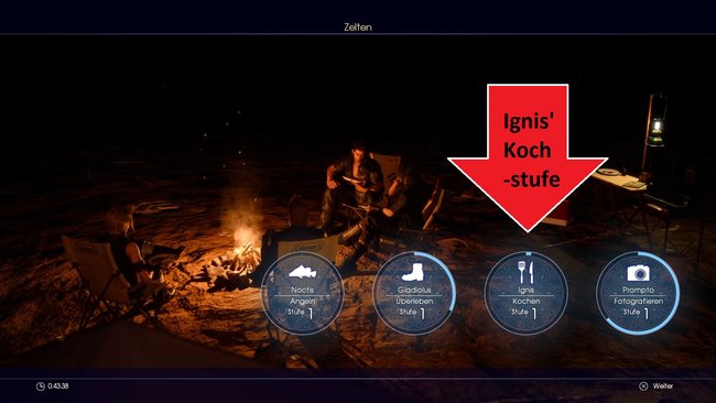 Beim Zelten in Final Fantasy 15 wird euch die aktuelle Kochstufe von Ignis angezeigt.