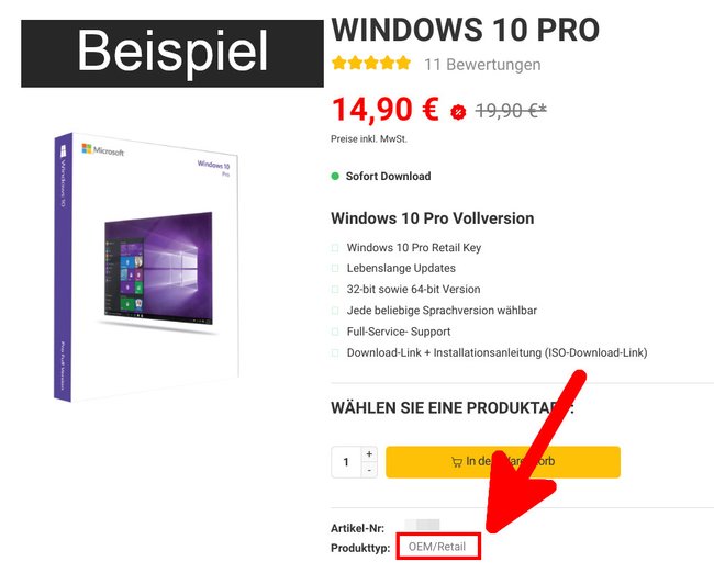 Hier wird sehr wahrscheinlich ein OEM-Key von Windows angeboten. Ganz unten steht es. (Bildquelle: lizensio.de)