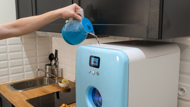 Eine Küchenfront: Eine kleine Spülmaschine mit blauer Tür steht im Vordergrund, eine Hand gießt Wasser in das Gerät.