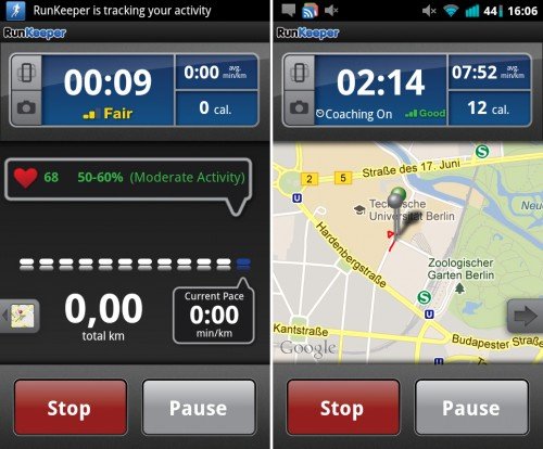 Ansicht des Hauptscreens und der Kartenansicht während Workout
