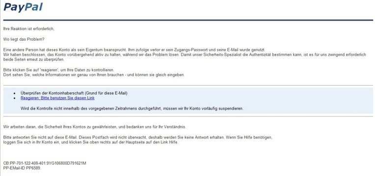 PayPal Phishing Screenshot Mit solchen gefälschten E-Mails versuchen Betrüger PayPal-Zugangsdaten zu stehlen