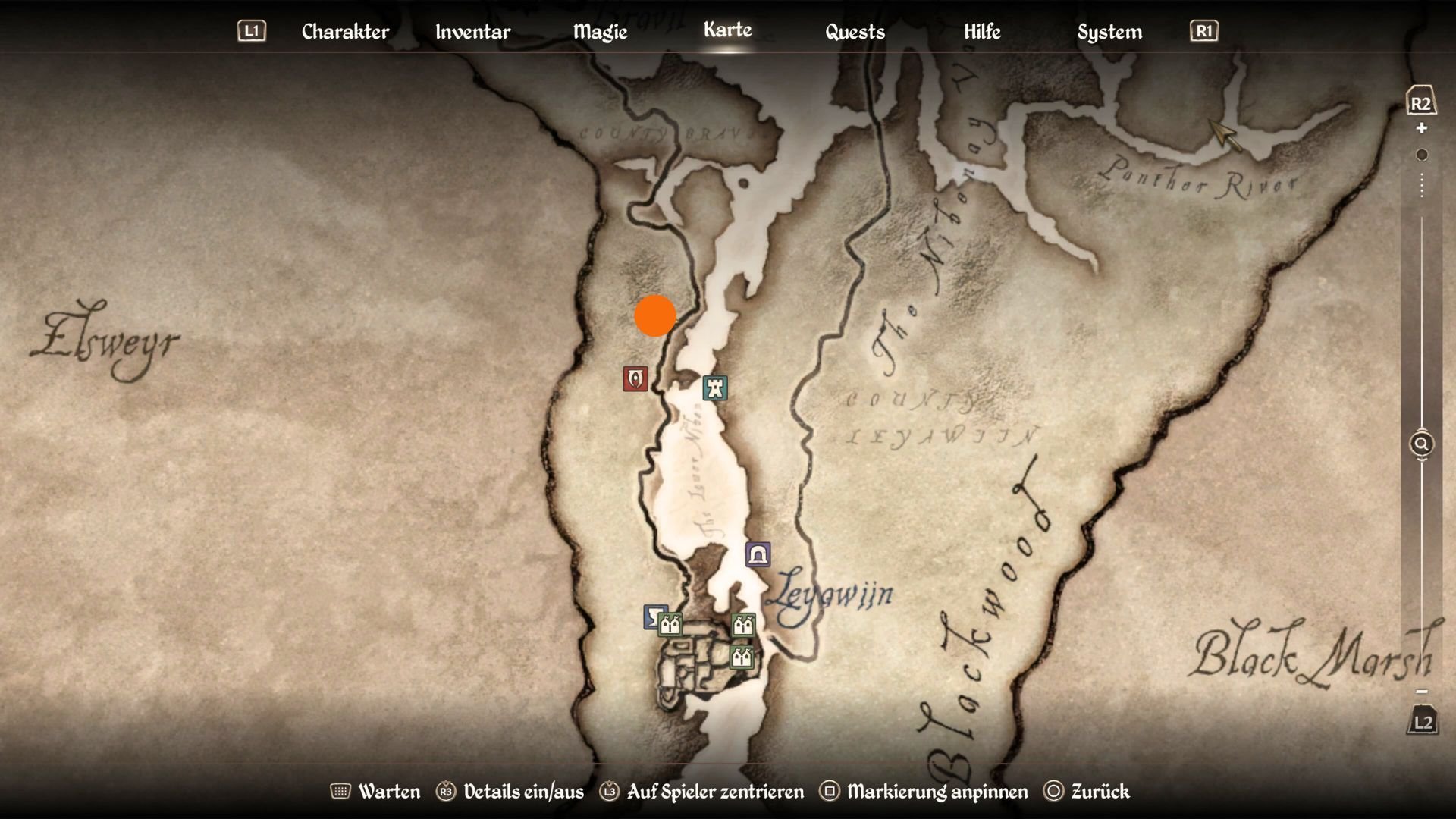 Fundort des Wegschreins Stendarr markiert mit einem orangen Punkt auf der Karte von Oblivion Remastered.