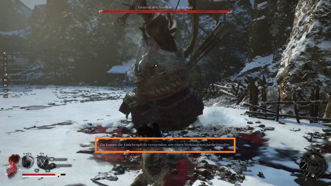 Das Bild zeigt einen Bosskampf aus Wuchang Fallen Feathers, mit dem Hinweis auf die Knochenpfeife.