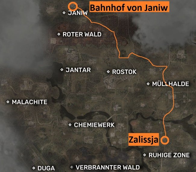 Lauft zunächst von der Startzone bis zum Bahnhof von Janiw.