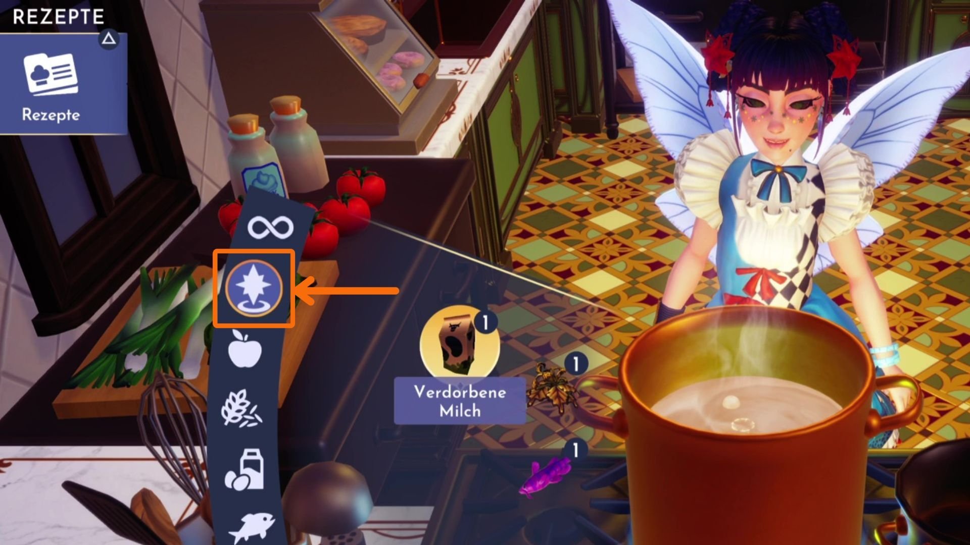 Menüpunkt beim Kochen in Disney Dreamlight Valley über den man die Kochzutaten für angenommene Freundschaftsaufgaben einsehen kann