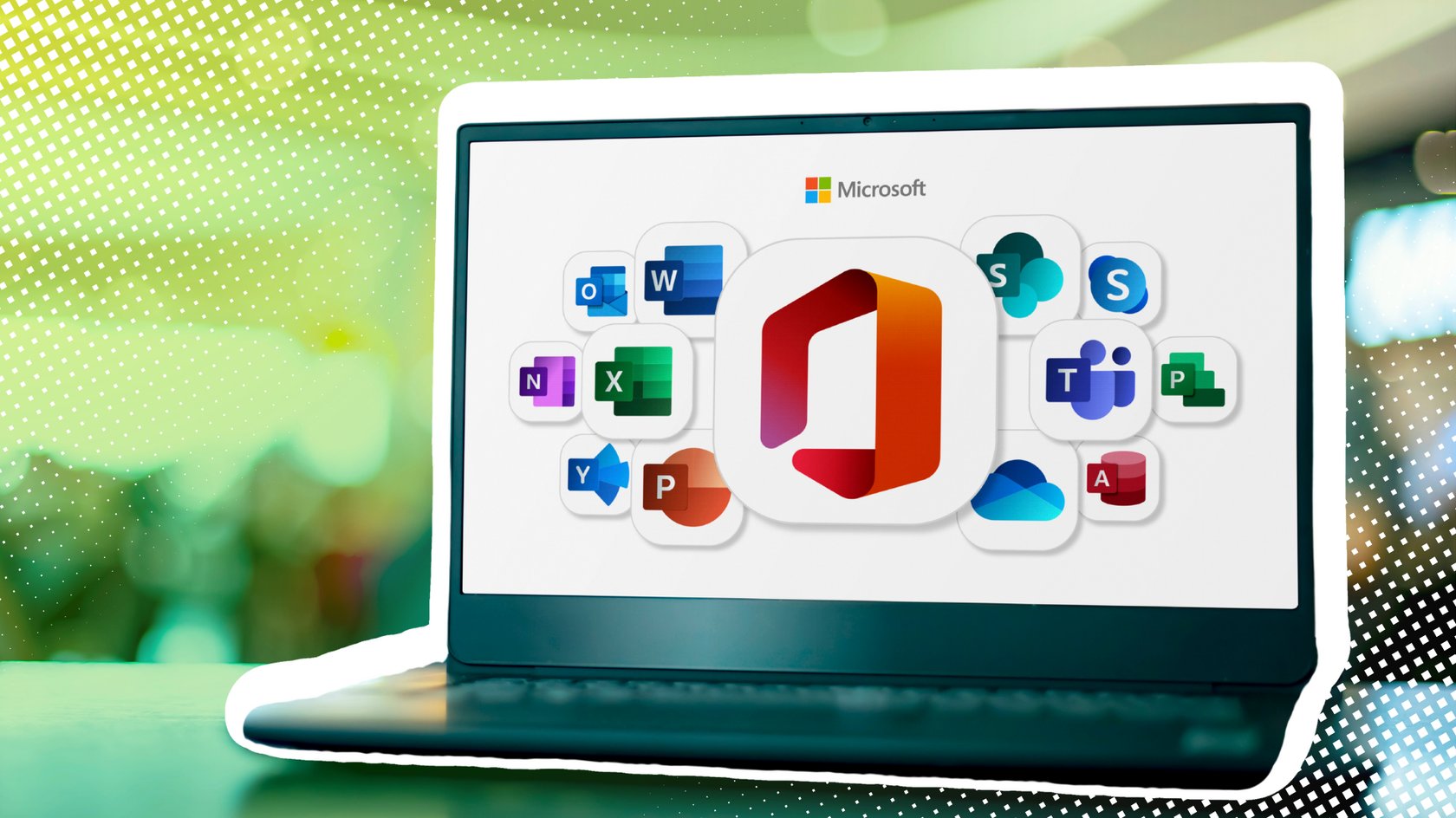 Laptop mit Logos von Microsoft-Office-Anwendungen.