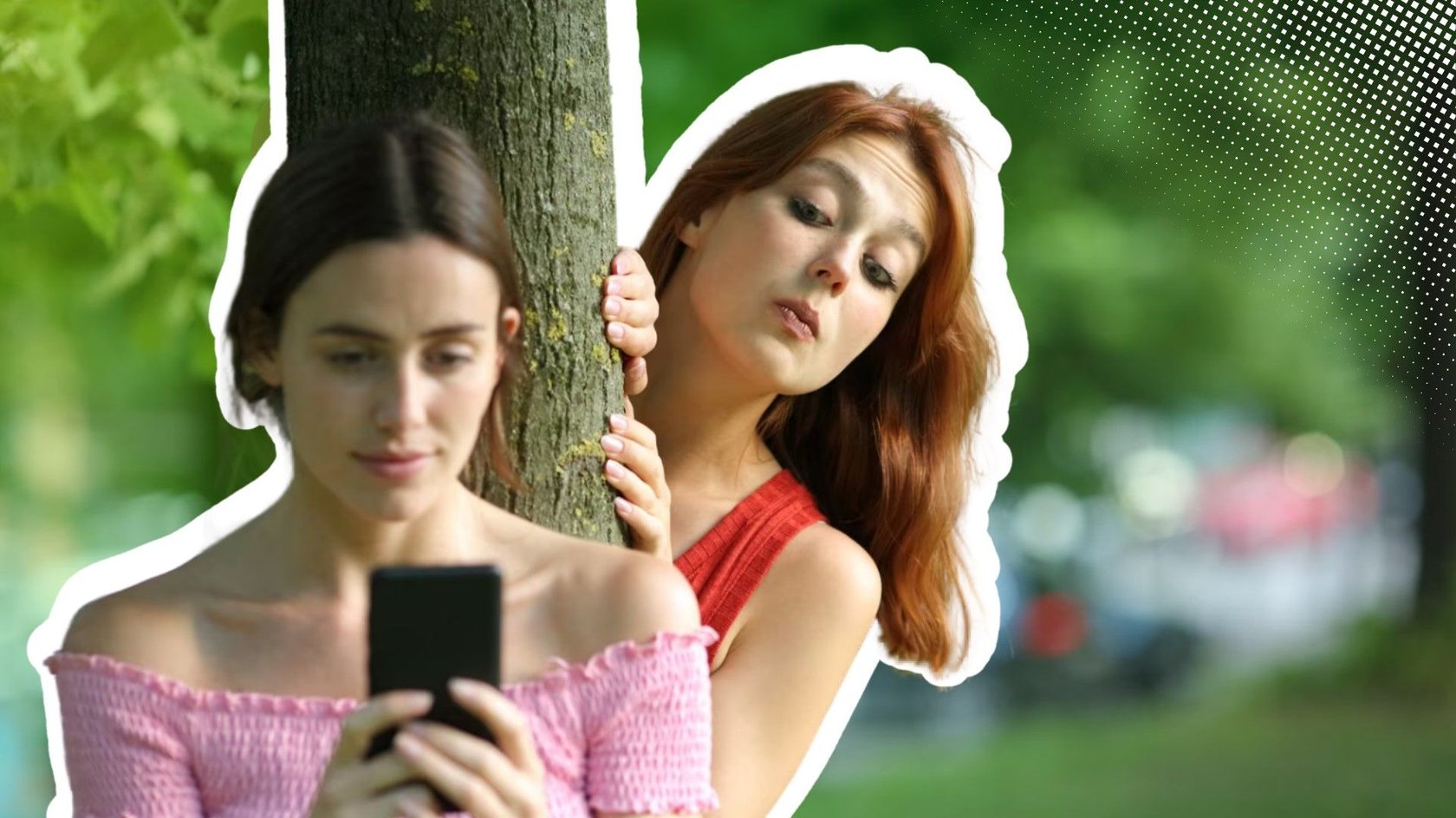 Neugierige Frau liest Nachrichten auf fremdem Smartphone