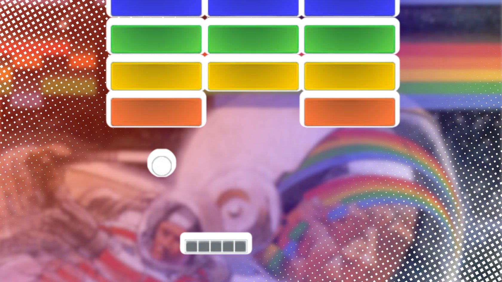 Arcade-Style Spiel mit bunten Blöcken, Ball und Regenbogen-Hintergrund.