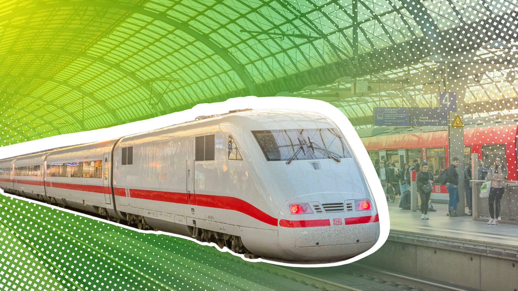 Fernzug der DB im Bahnhof vor grün-weißem Hintergrund